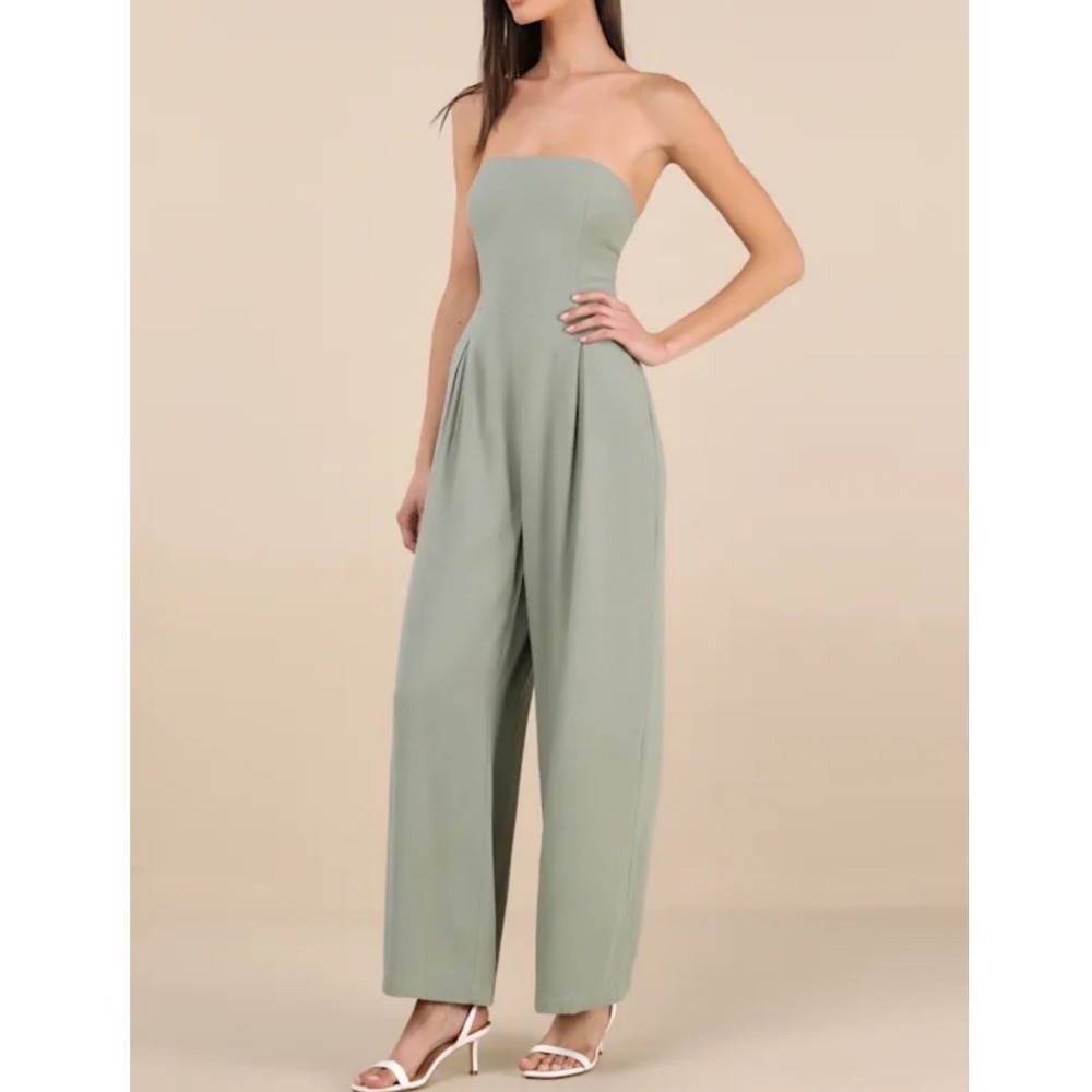 NWT Lulus Breezy Essential Sage Green Linen Wide-Leg Jumpsuit XL - Picture 3 of 6